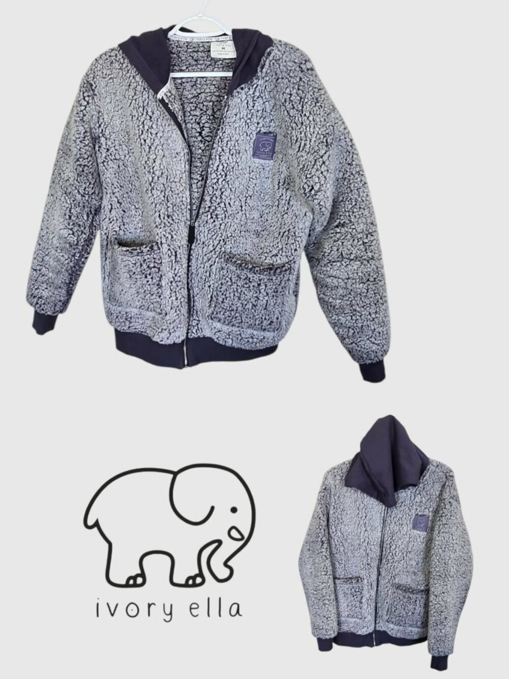 Ivory Ella Gray Sherpa Textured Fleece Full Zip Hooded Sweatshirt Womens Medium